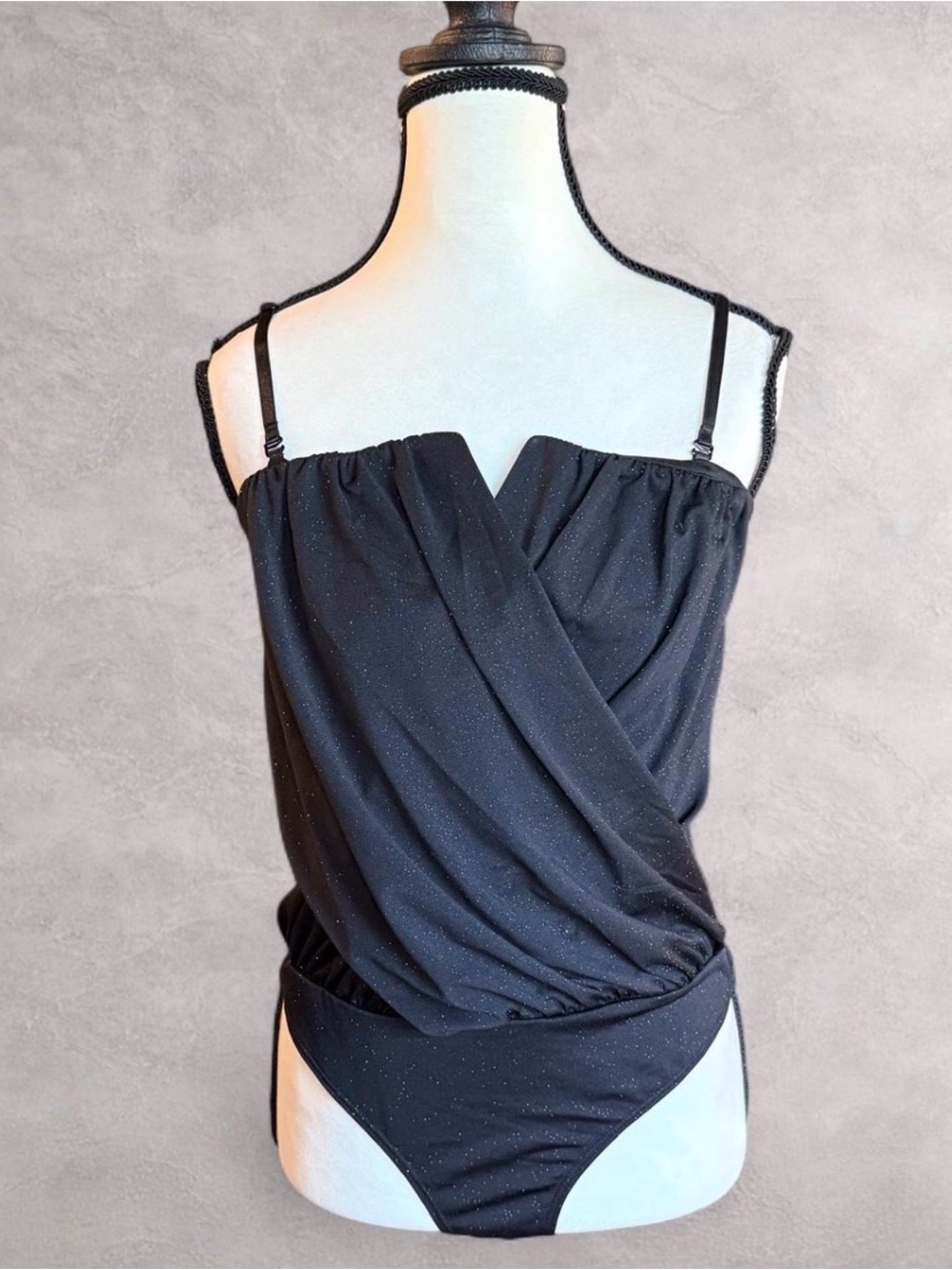 Willow & Root Black Sparkle Surplice Bodysuit Removable Straps - Size S